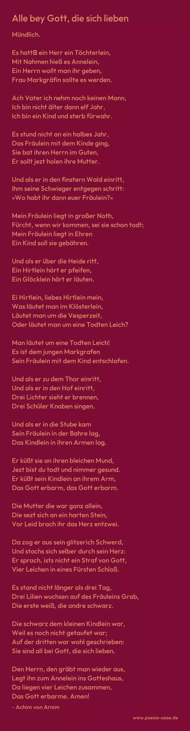 Gedicht: Alle bey Gott, die sich lieben von Achim von Arnim