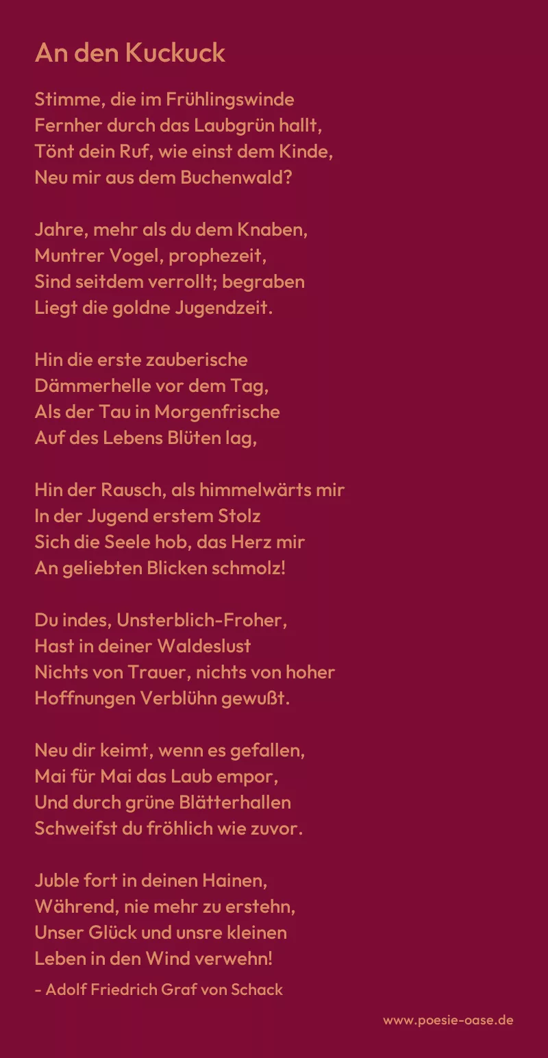 Gedicht: An den Kuckuck von Adolf Friedrich Graf von Schack