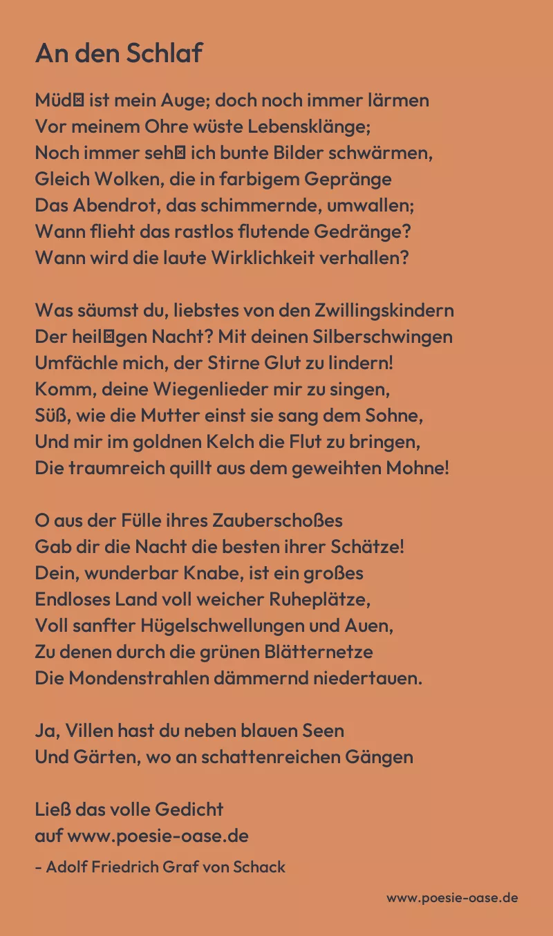 Gedicht: An den Schlaf von Adolf Friedrich Graf von Schack