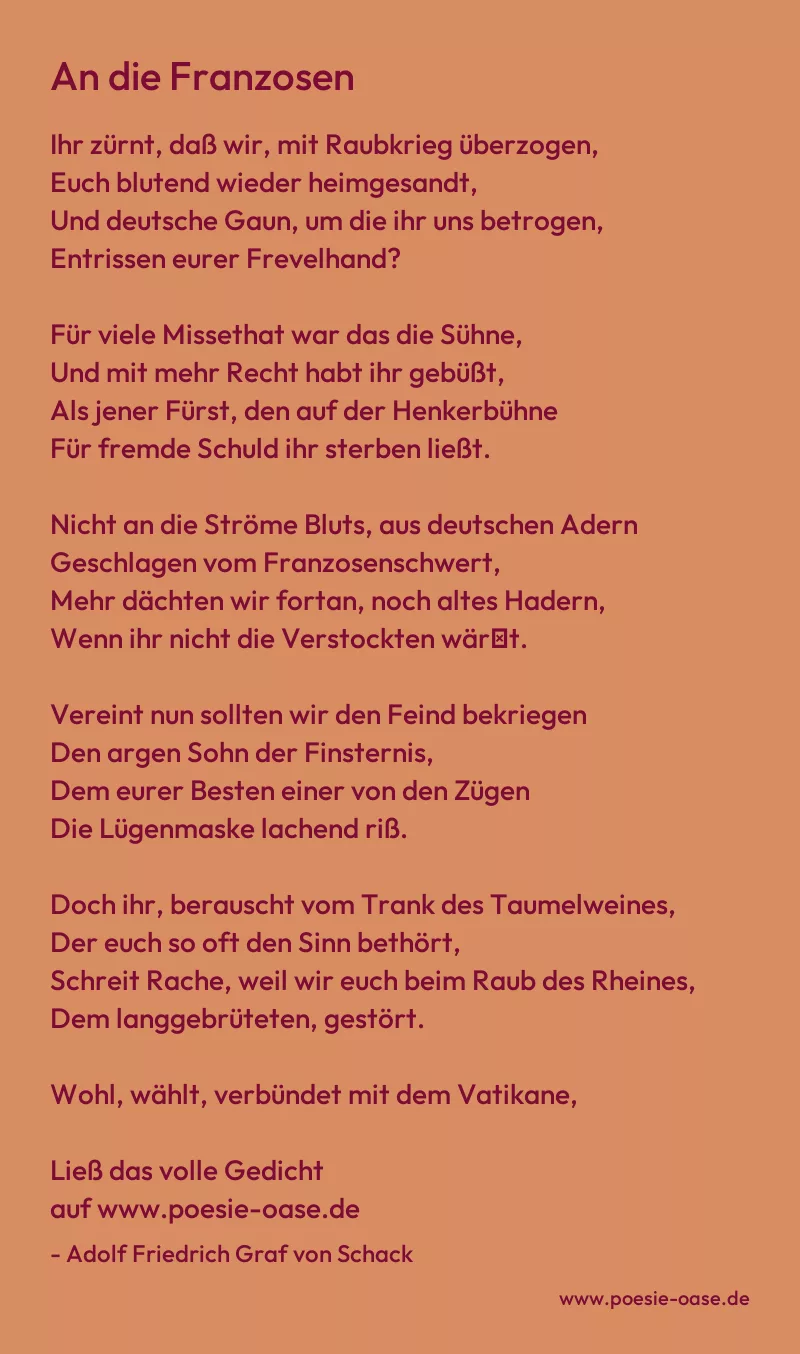 Gedicht: An die Franzosen von Adolf Friedrich Graf von Schack