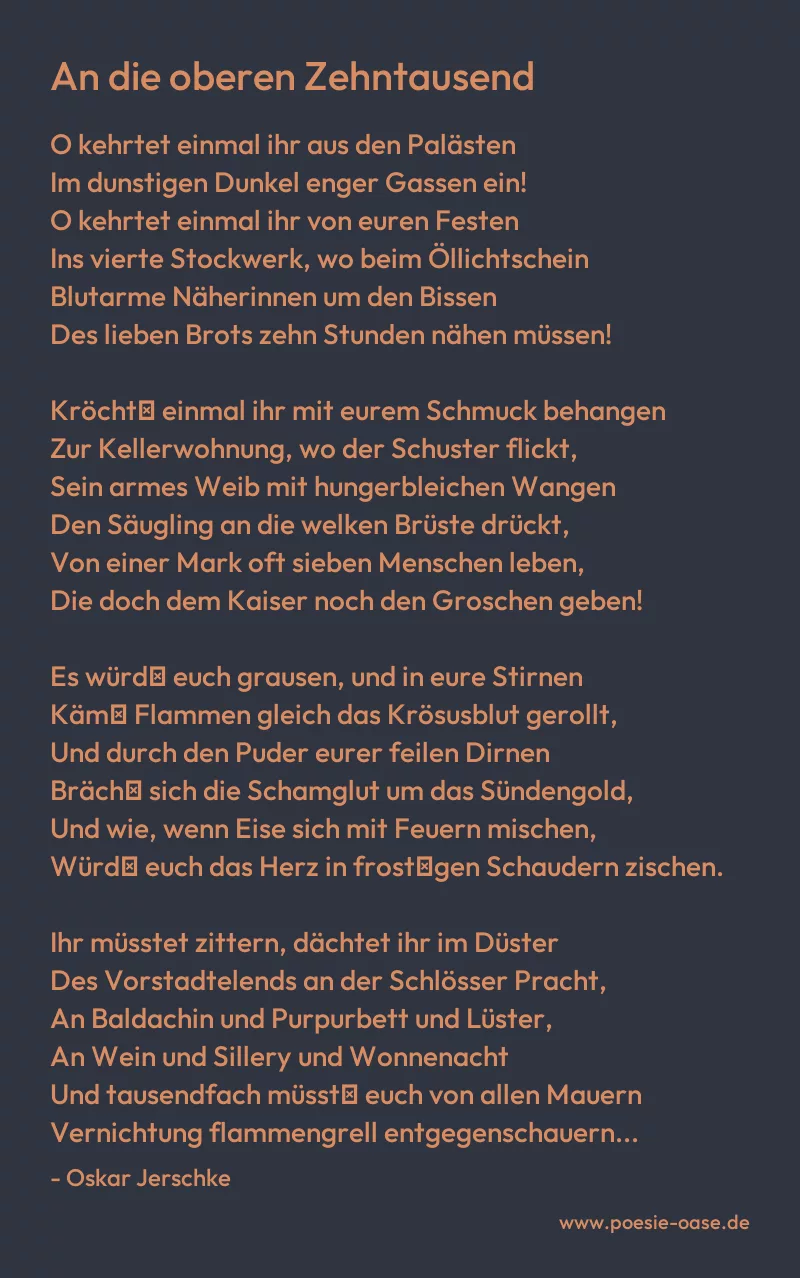 Gedicht: An die oberen Zehntausend von Oskar Jerschke
