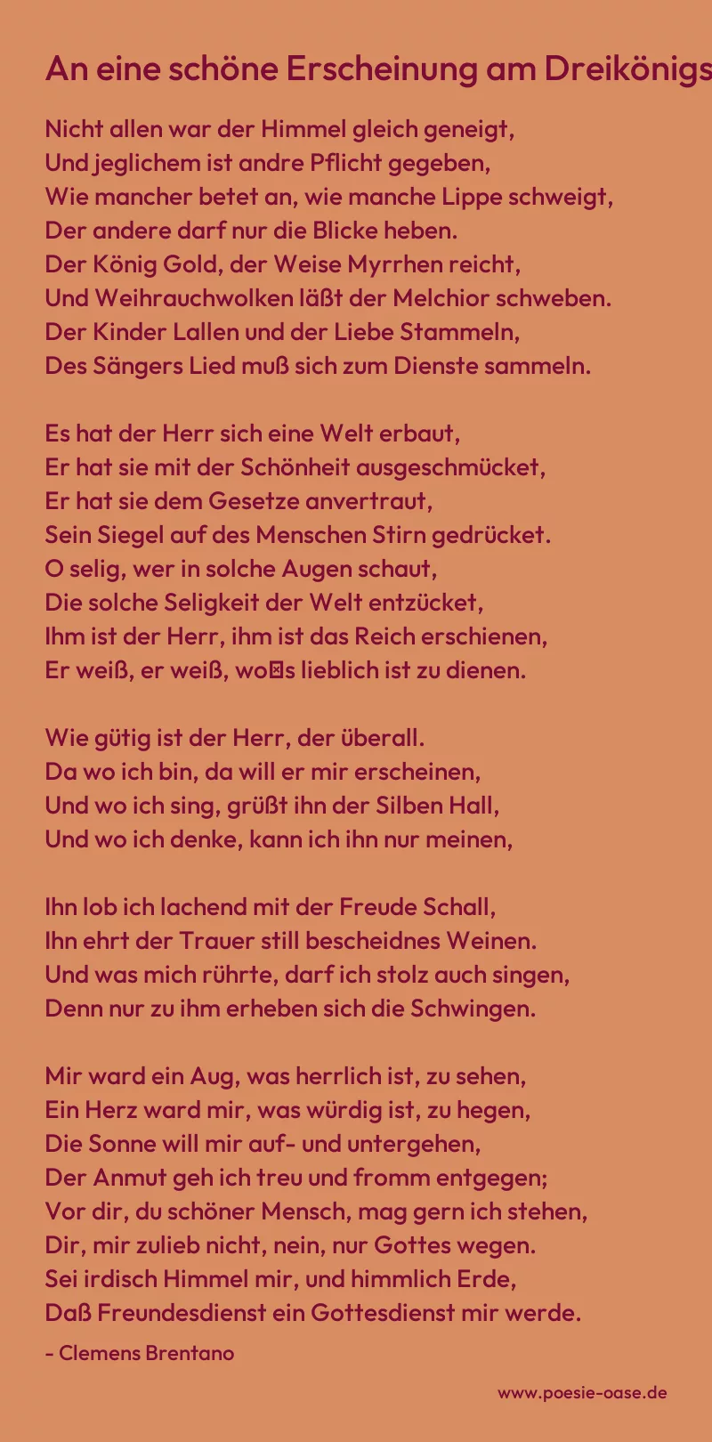 Gedicht: An eine schöne Erscheinung am Dreikönigstage von Clemens Brentano