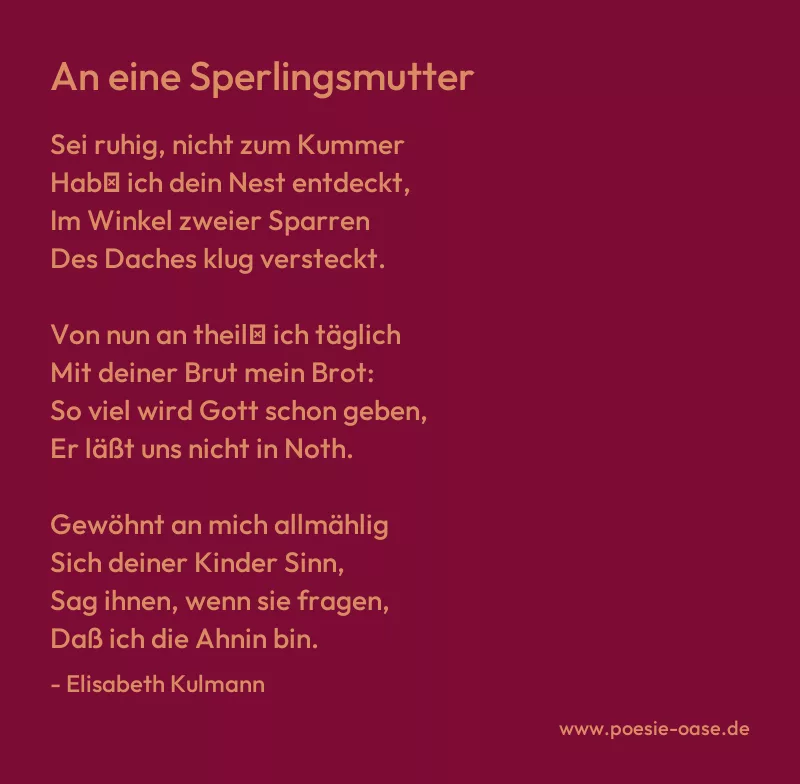 Gedicht: An eine Sperlingsmutter von Elisabeth Kulmann