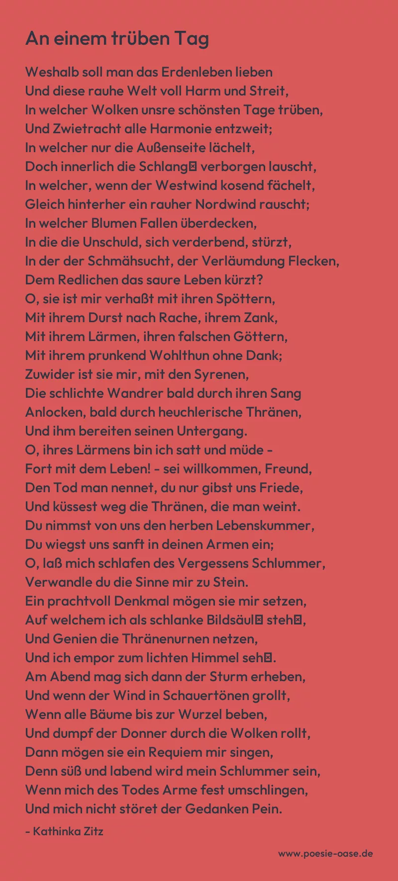 Gedicht: An einem trüben Tag von Kathinka Zitz