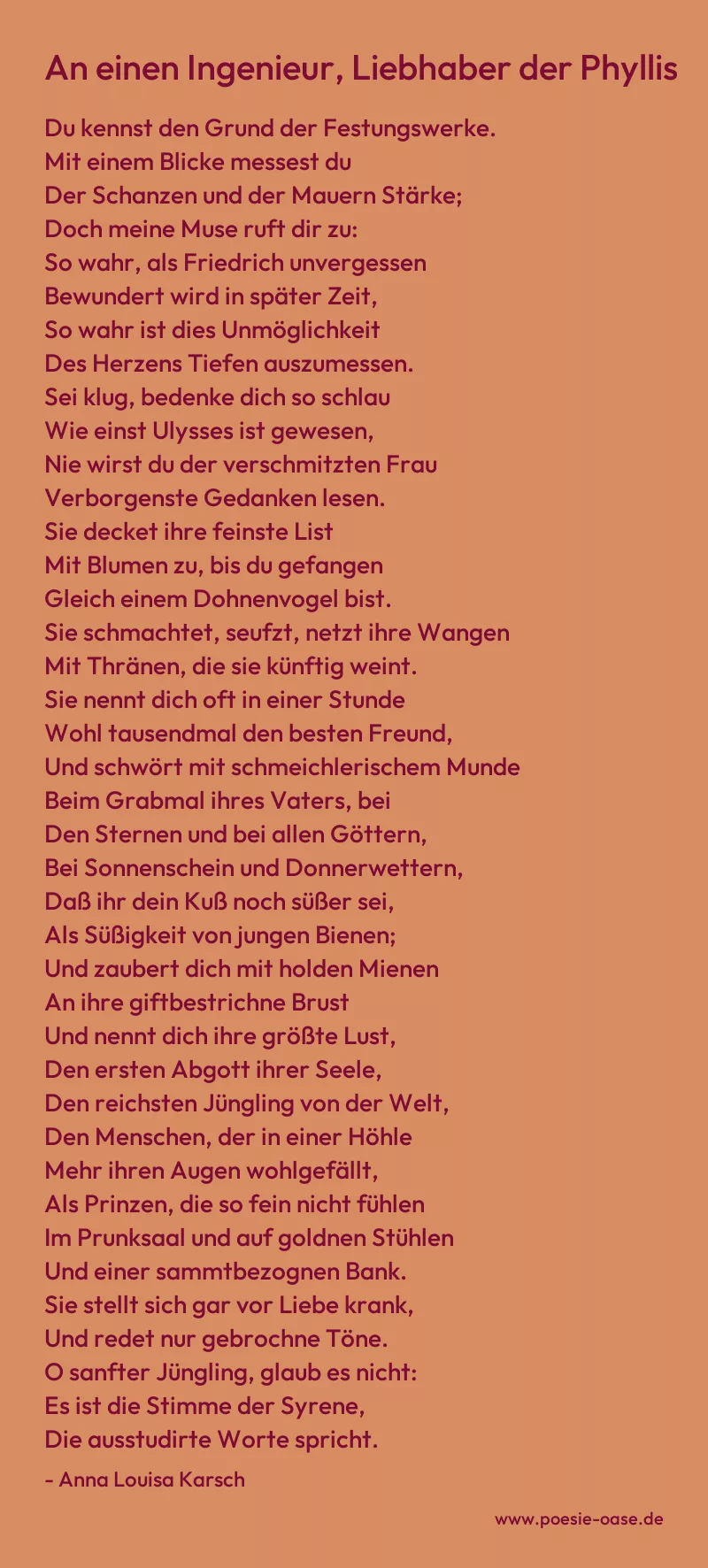 Gedicht: An einen Ingenieur, Liebhaber der Phyllis von Anna Louisa Karsch