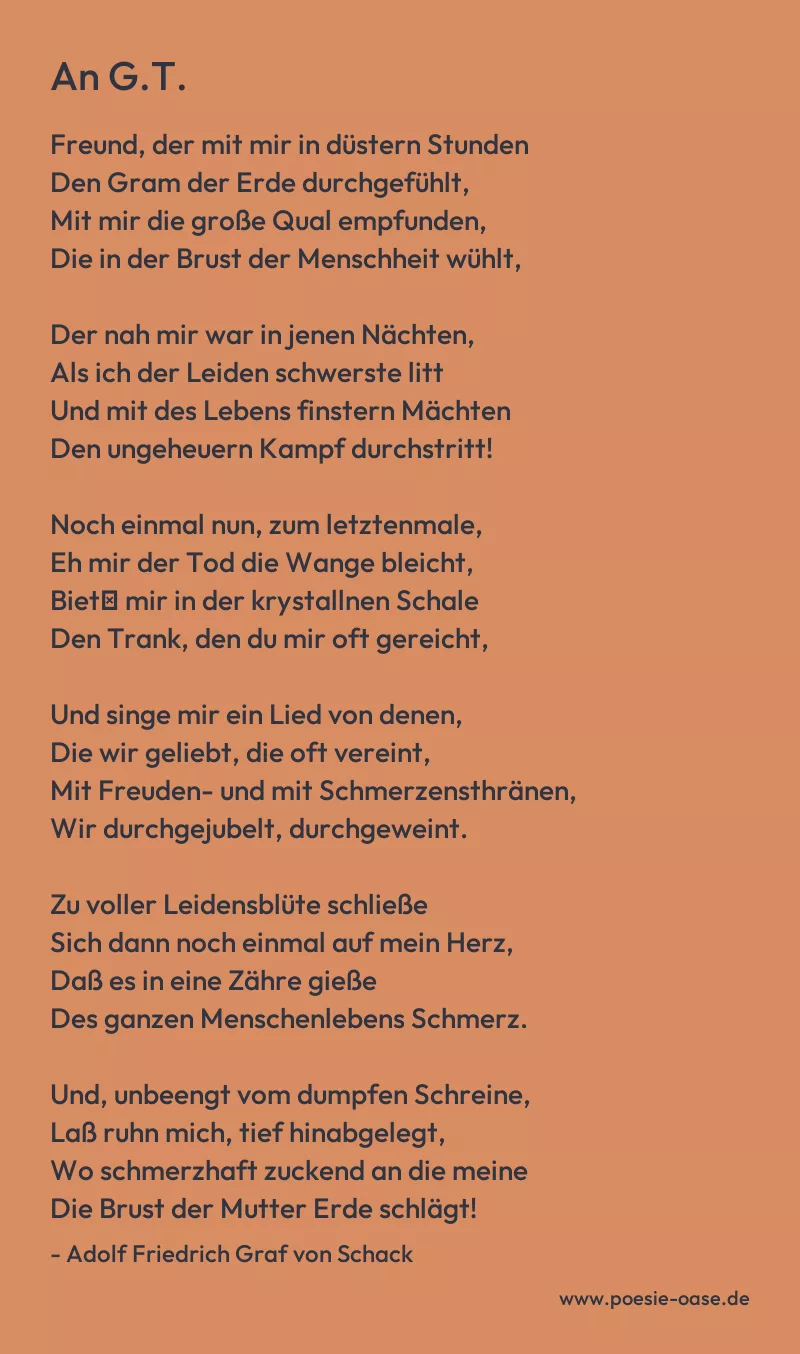 Gedicht: An G.T. von Adolf Friedrich Graf von Schack