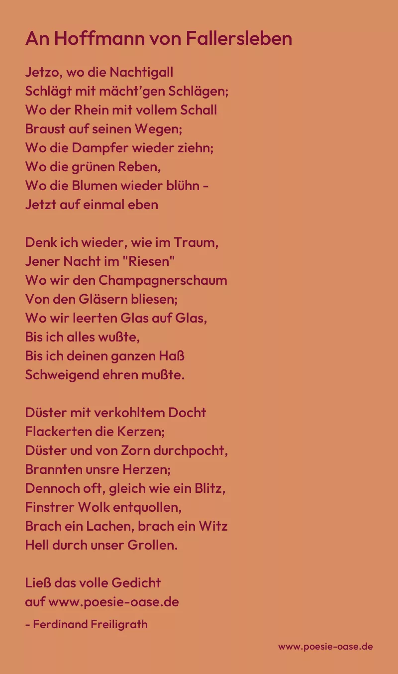 Gedicht: An Hoffmann von Fallersleben von Ferdinand Freiligrath