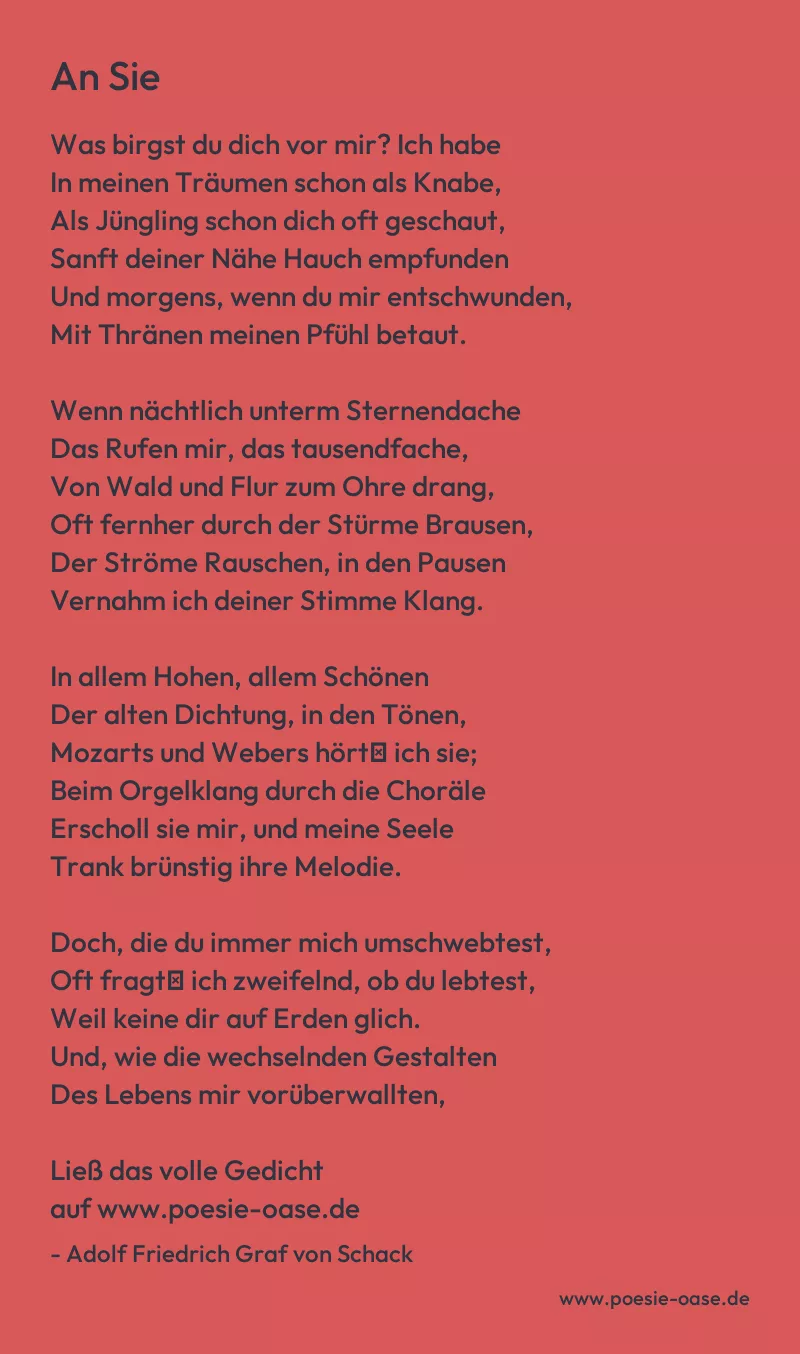 Gedicht: An Sie von Adolf Friedrich Graf von Schack