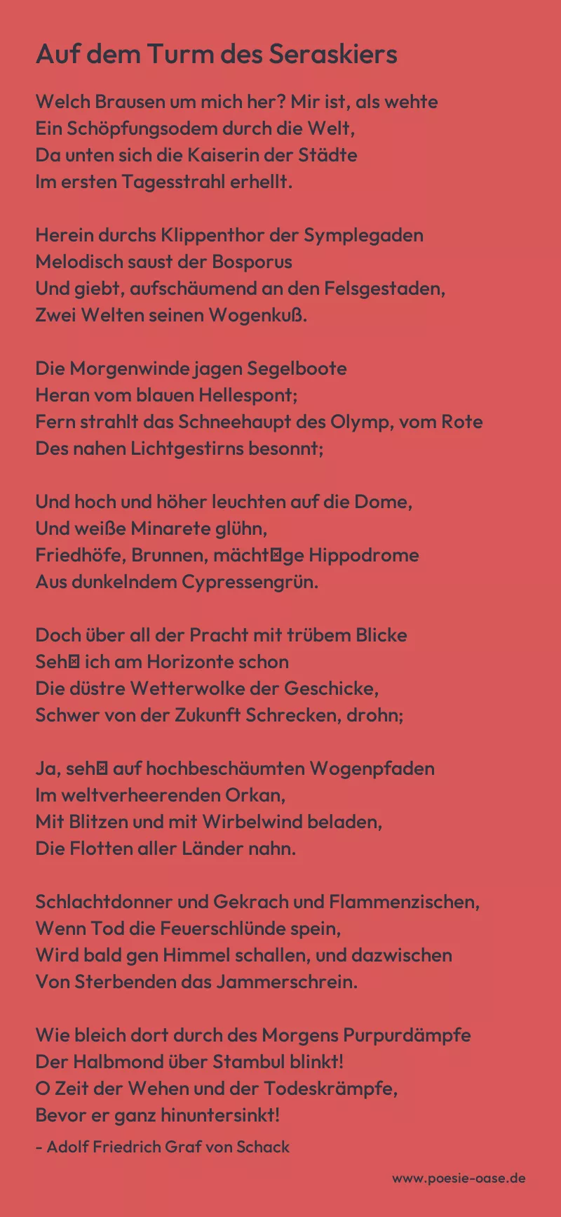 Gedicht: Auf dem Turm des Seraskiers von Adolf Friedrich Graf von Schack