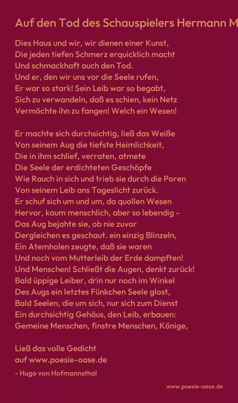 Gedicht: Auf den Tod des Schauspielers Hermann Müller von Hugo von Hofmannsthal