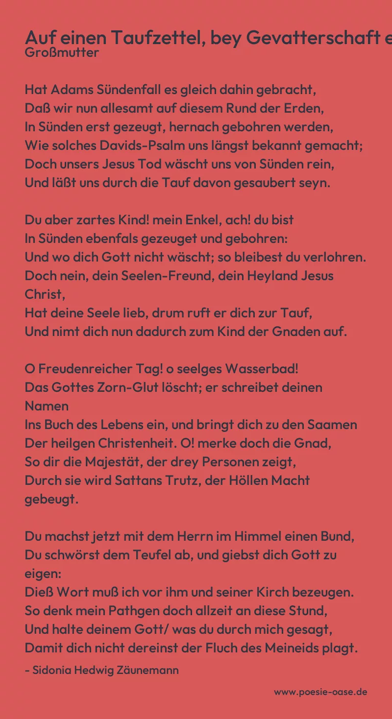 Gedicht: Auf einen Taufzettel, bey Gevatterschaft einer Großmutter von Sidonia Hedwig Zäunemann