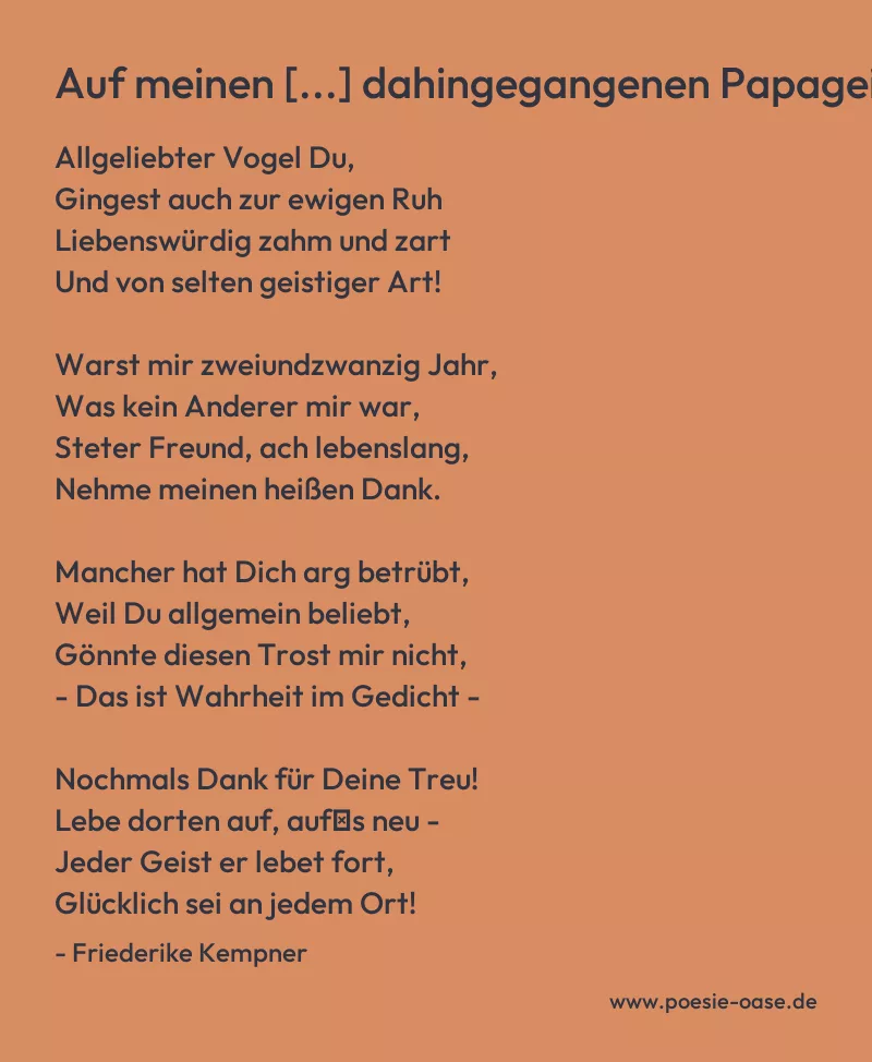 Gedicht: Auf meinen [...] dahingegangenen Papagei von Friederike Kempner