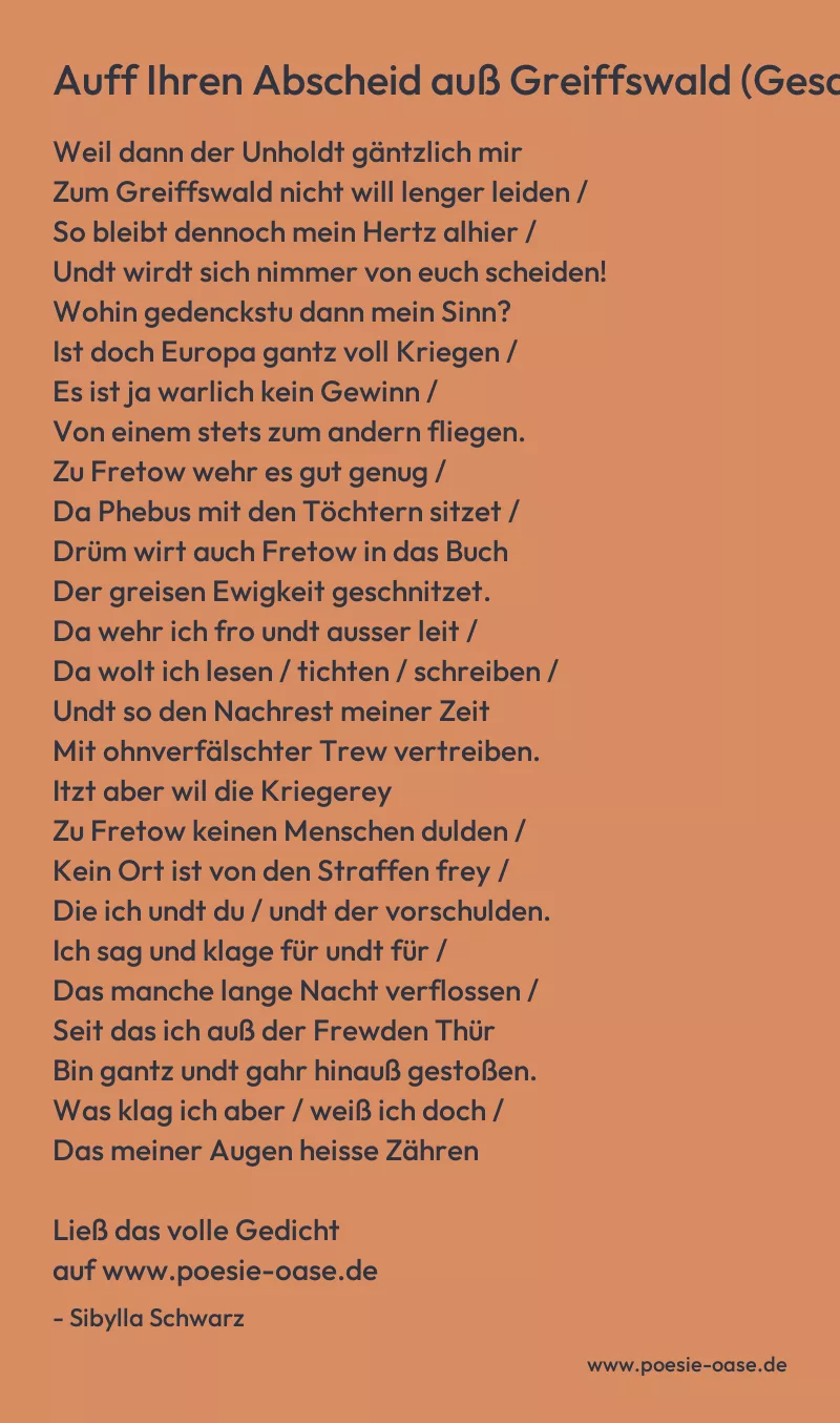 Gedicht: Auff Ihren Abscheid auß Greiffswald (Gesang) von Sibylla Schwarz