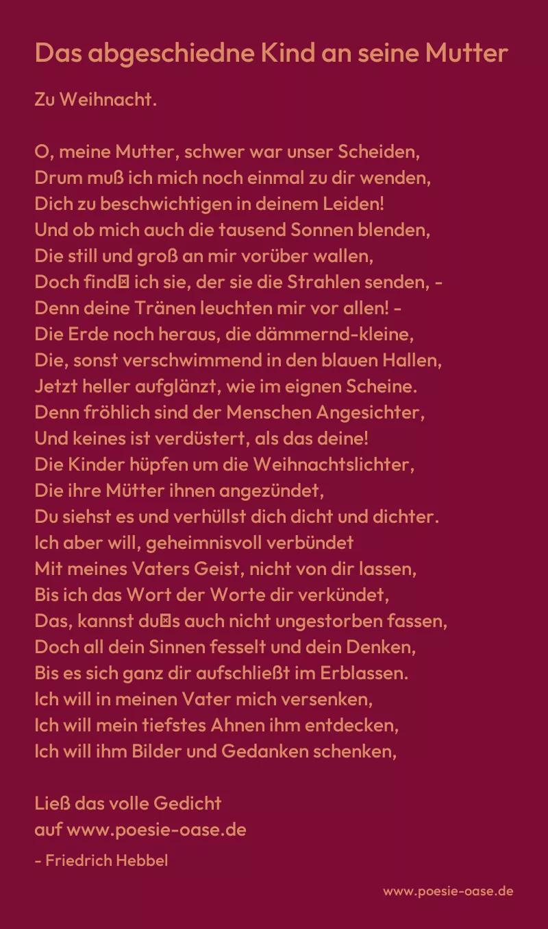 Gedicht: Das abgeschiedne Kind an seine Mutter von Friedrich Hebbel