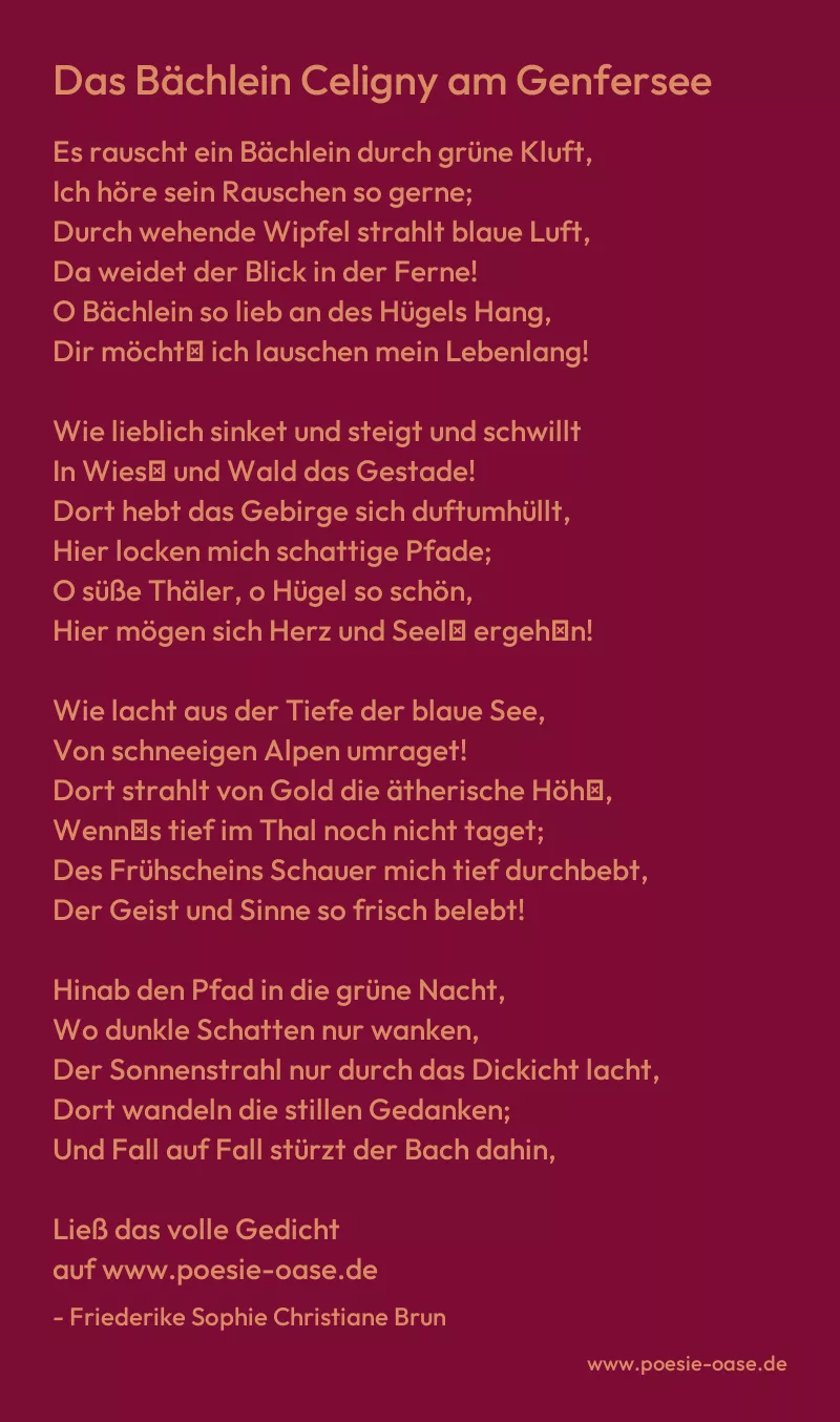 Gedicht: Das Bächlein Celigny am Genfersee von Friederike Sophie Christiane Brun