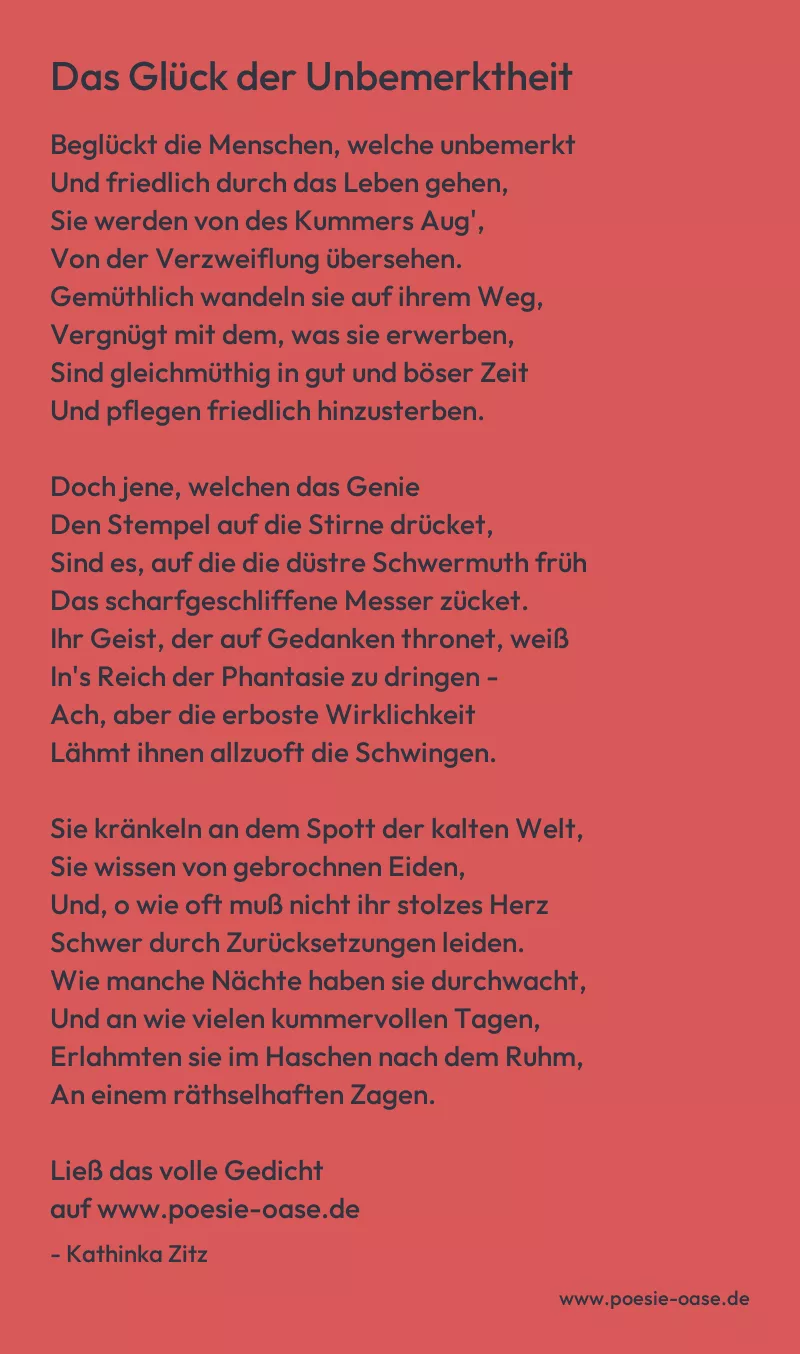 Gedicht: Das Glück der Unbemerktheit von Kathinka Zitz
