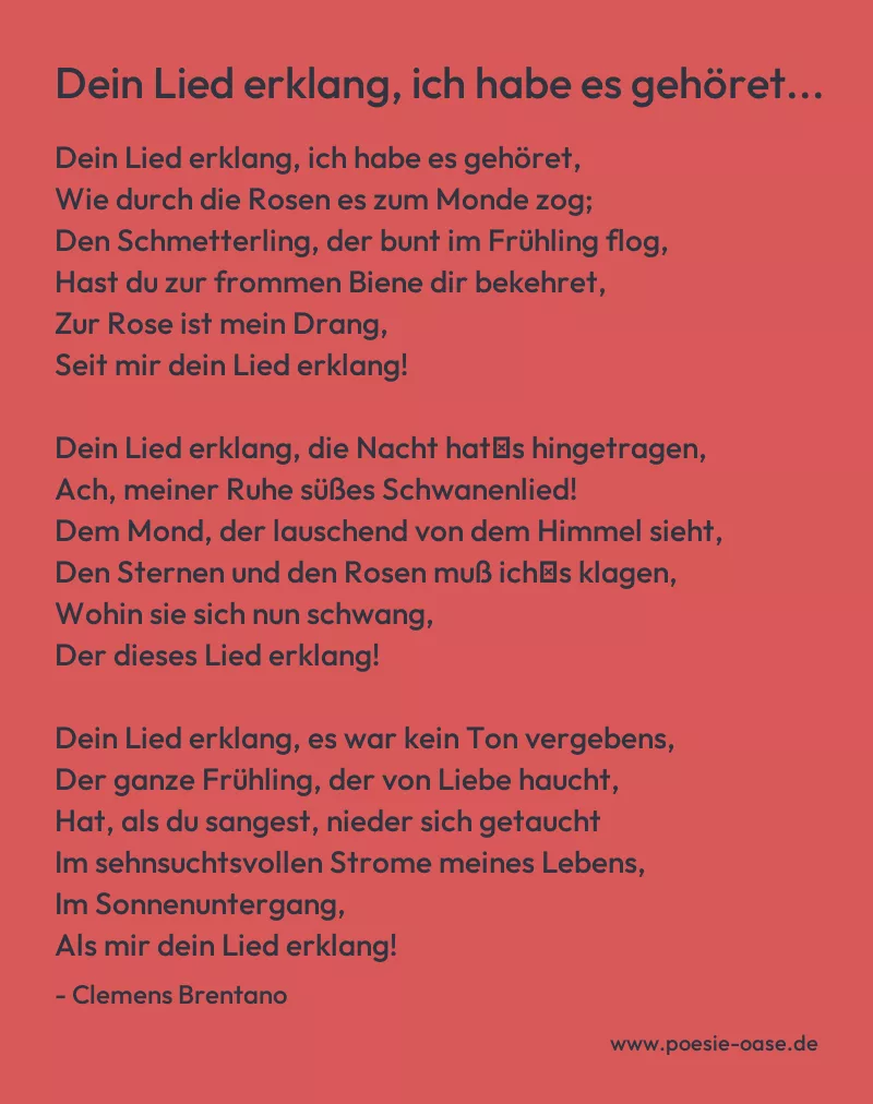 Gedicht: Dein Lied erklang, ich habe es gehöret... von Clemens Brentano