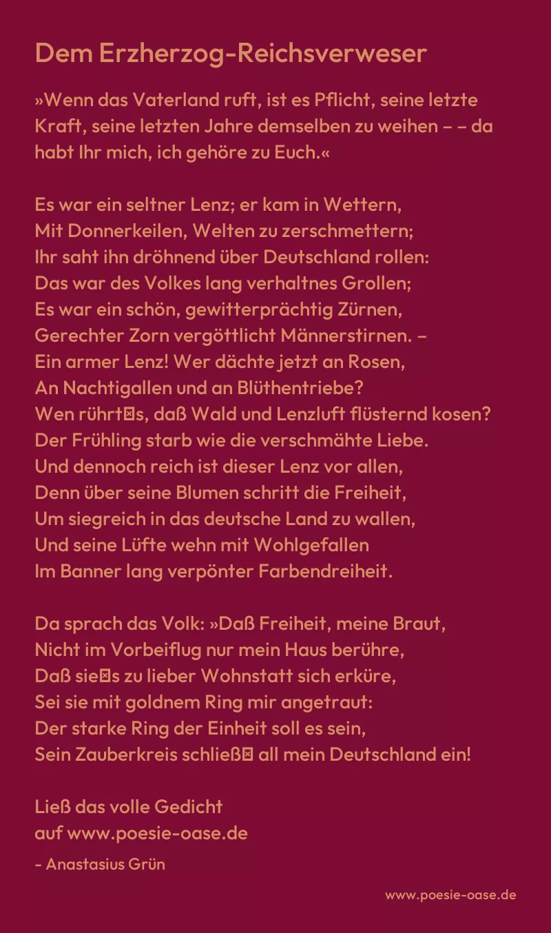 Gedicht: Dem Erzherzog-Reichsverweser von Anastasius Grün