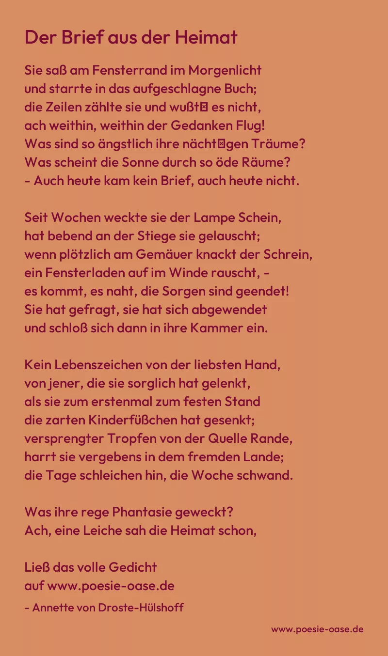 Gedicht: Der Brief aus der Heimat von Annette von Droste-Hülshoff