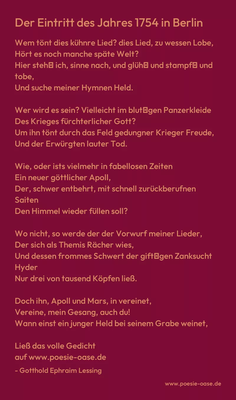 Gedicht: Der Eintritt des Jahres 1754 in Berlin von Gotthold Ephraim Lessing