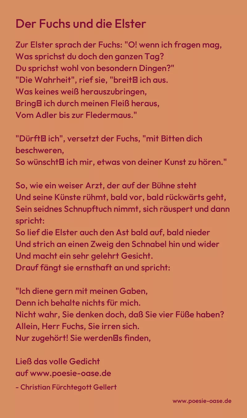 Gedicht: Der Fuchs und die Elster von Christian Fürchtegott Gellert