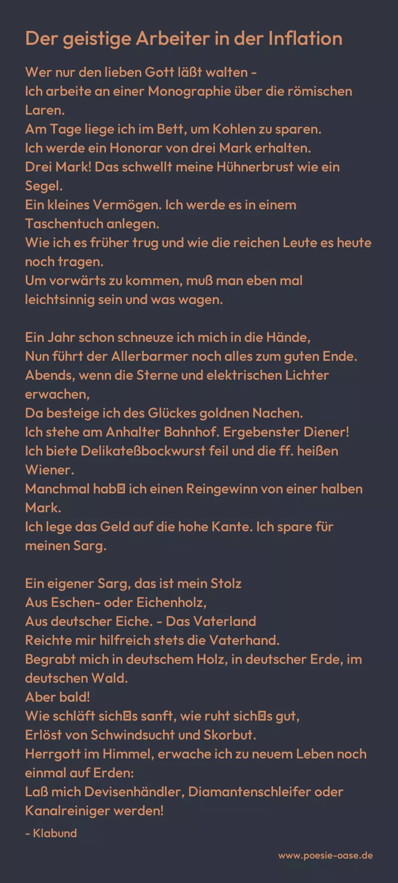 Gedicht: Der geistige Arbeiter in der Inflation von Klabund