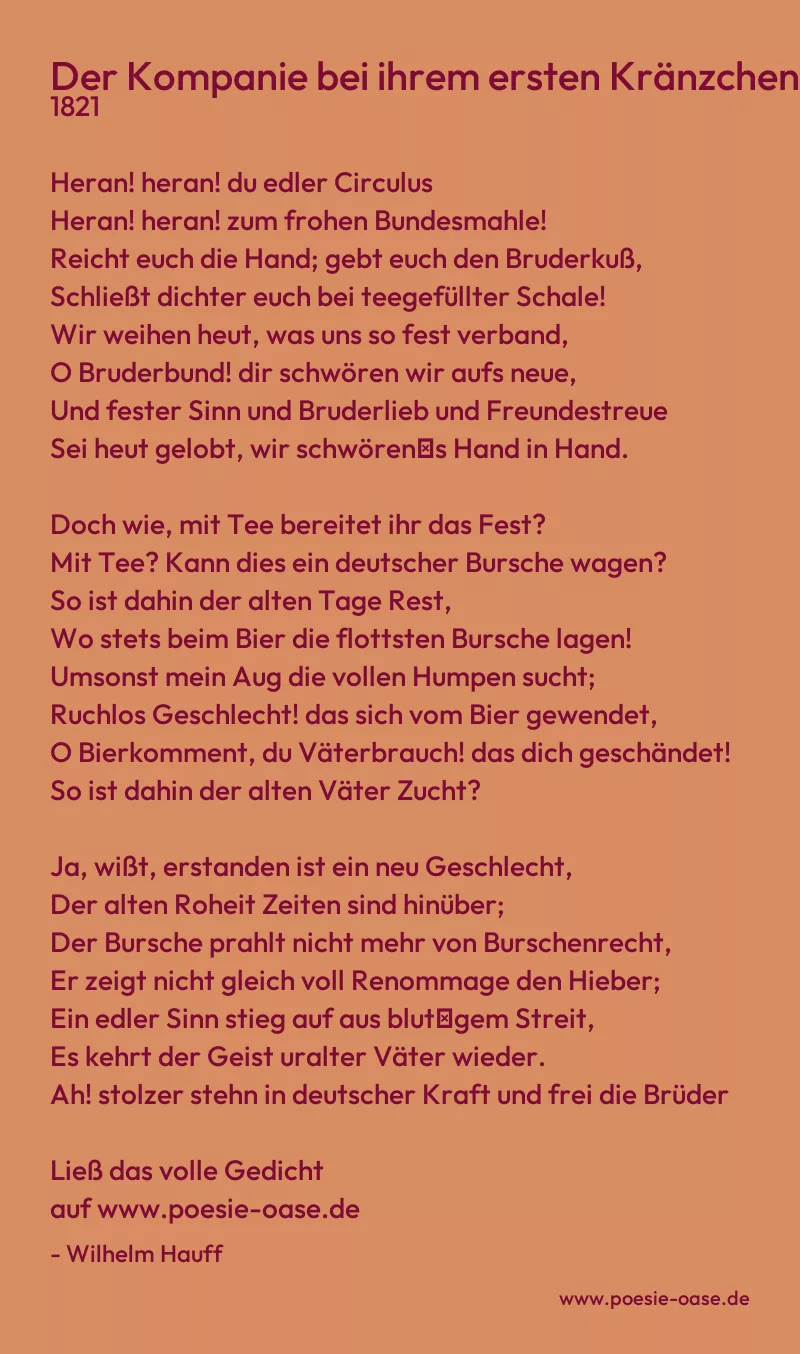 Gedicht: Der Kompanie bei ihrem ersten Kränzchen im Winter 1821 von Wilhelm Hauff