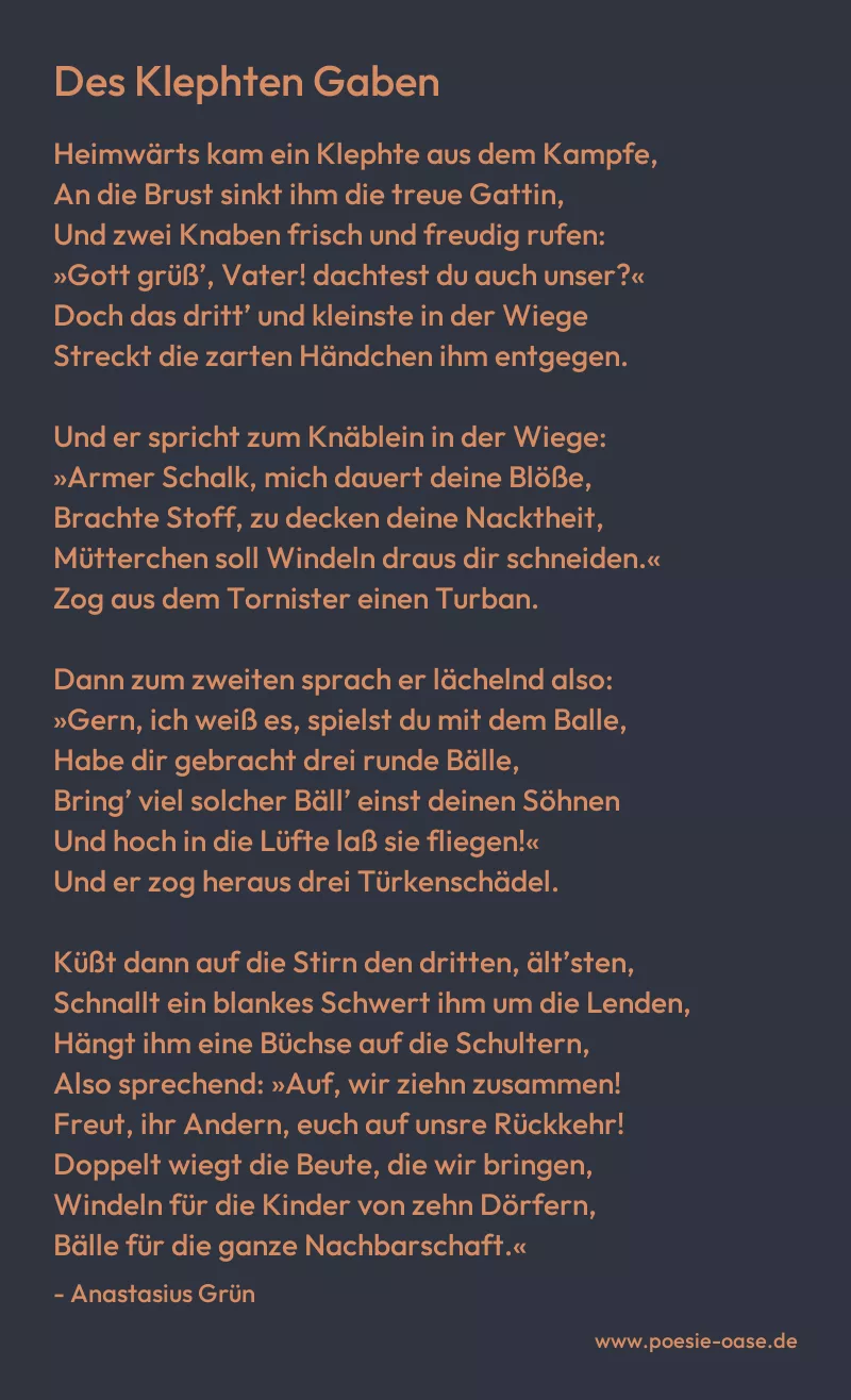 Gedicht: Des Klephten Gaben von Anastasius Grün