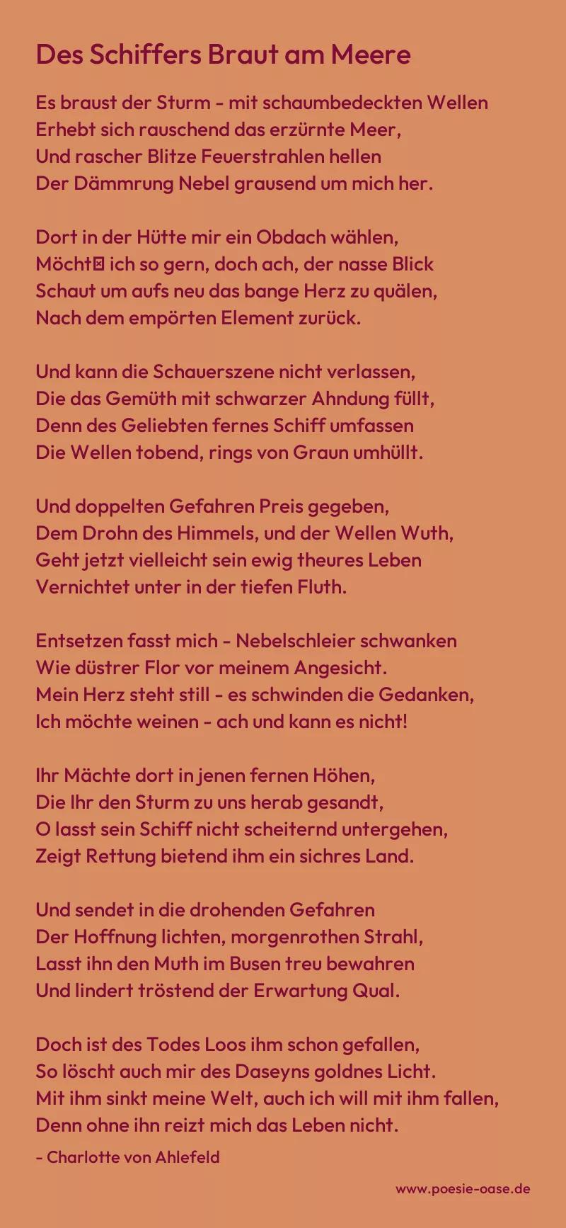 Gedicht: Des Schiffers Braut am Meere von Charlotte von Ahlefeld