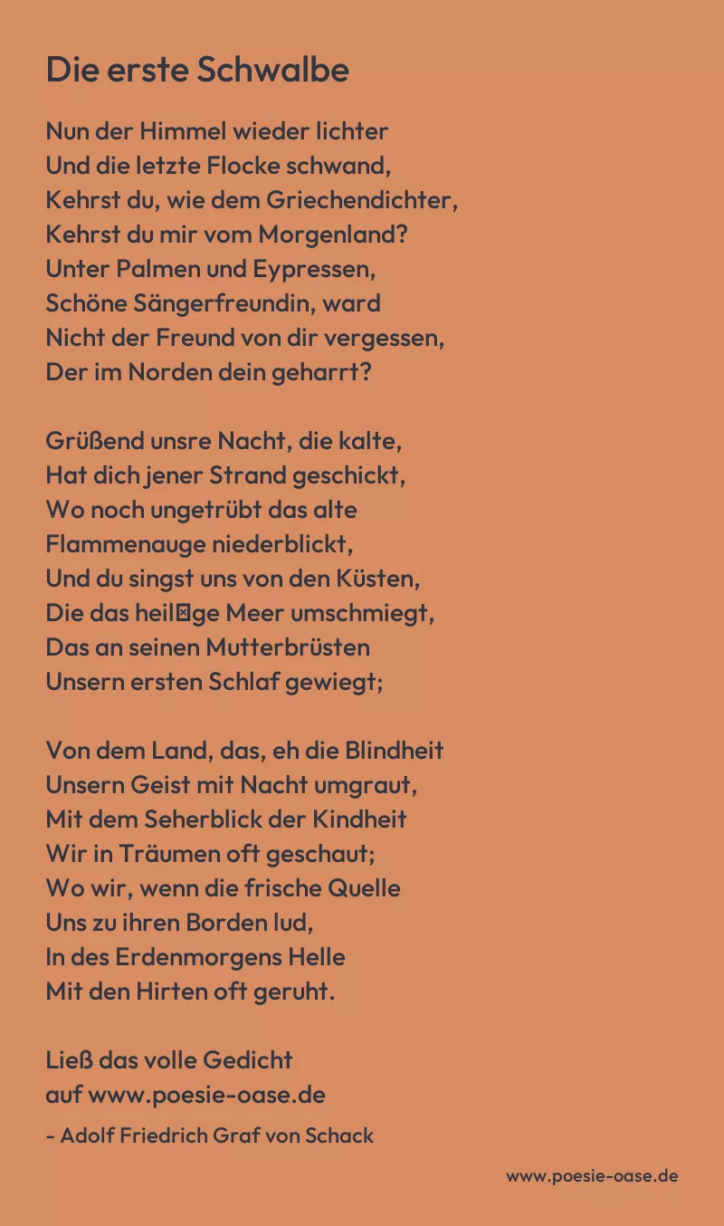 Gedicht: Die erste Schwalbe von Adolf Friedrich Graf von Schack