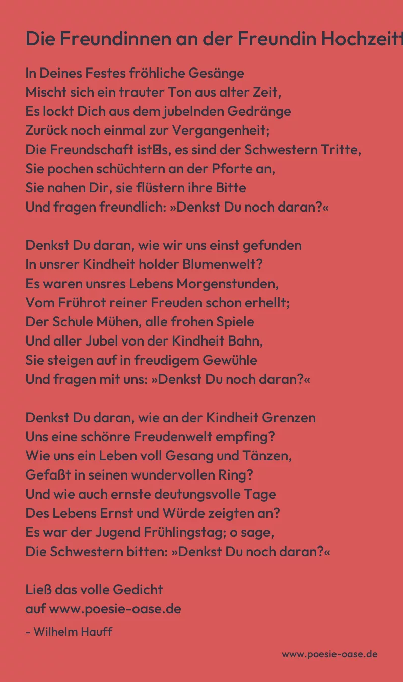 Gedicht: Die Freundinnen an der Freundin Hochzeittage von Wilhelm Hauff
