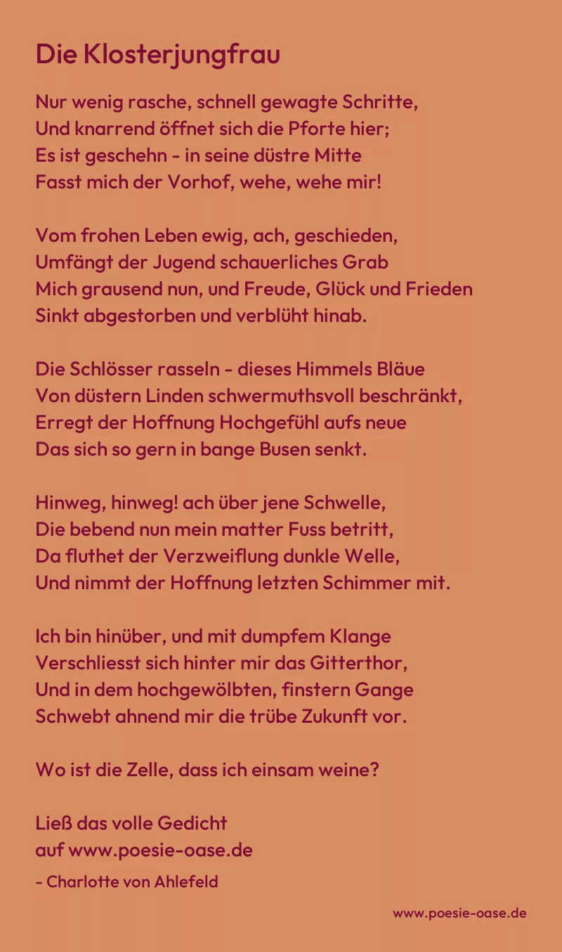 Gedicht: Die Klosterjungfrau von Charlotte von Ahlefeld