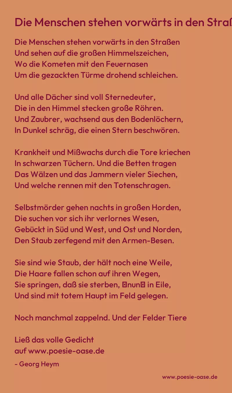 Gedicht: Die Menschen stehen vorwärts in den Straßen von Georg Heym