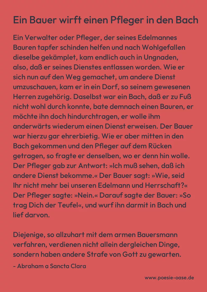 Gedicht: Ein Bauer wirft einen Pfleger in den Bach von Abraham a Sancta Clara