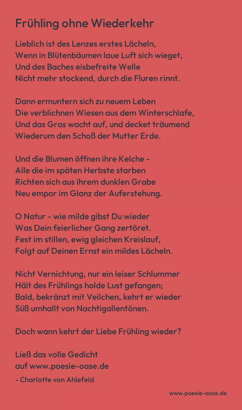 Gedicht: Frühling ohne Wiederkehr von Charlotte von Ahlefeld