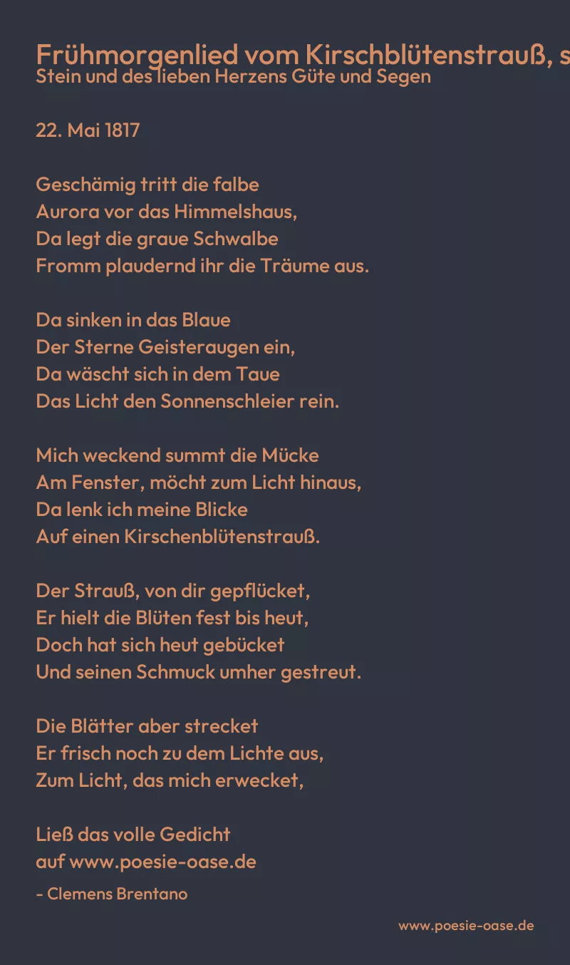 Gedicht: Frühmorgenlied vom Kirschblütenstrauß, schweren Stein und des lieben Herzens Güte und Segen von Clemens Brentano