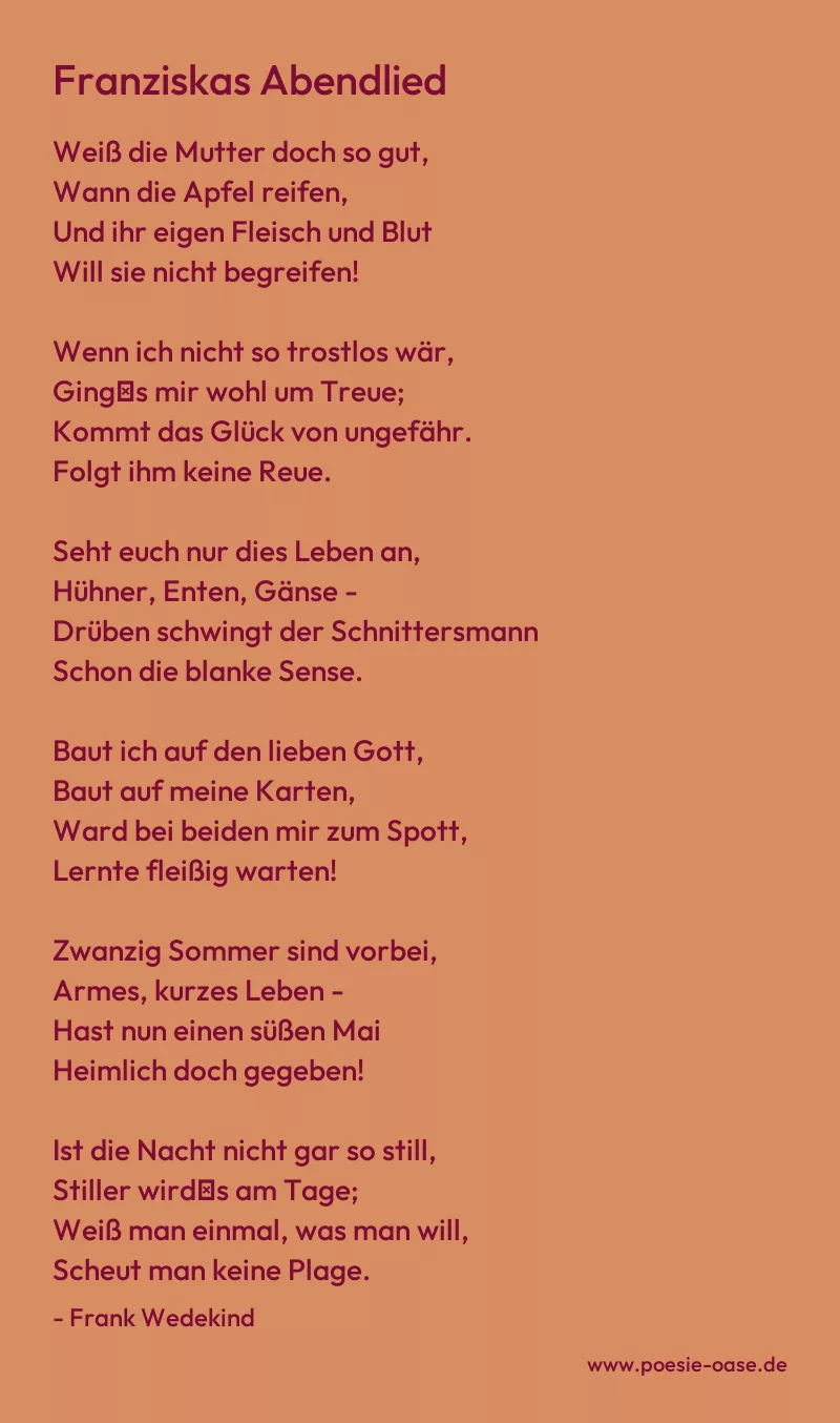 Gedicht: Franziskas Abendlied von Frank Wedekind