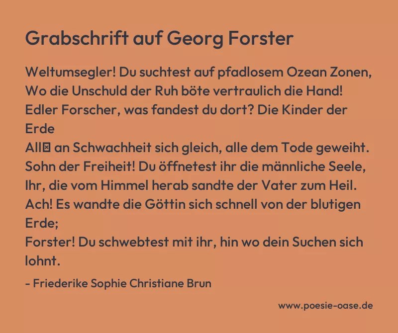 Gedicht: Grabschrift auf Georg Forster von Friederike Sophie Christiane Brun