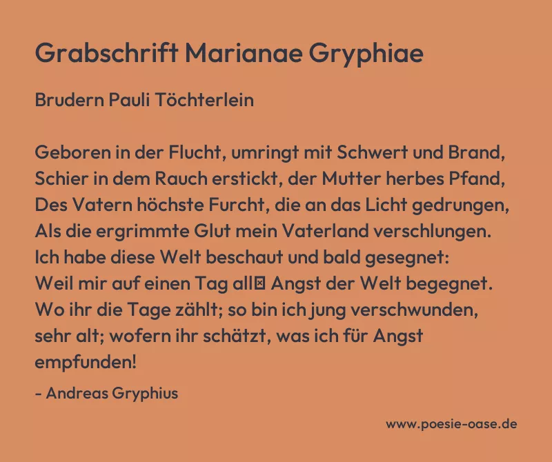 Gedicht: Grabschrift Marianae Gryphiae von Andreas Gryphius