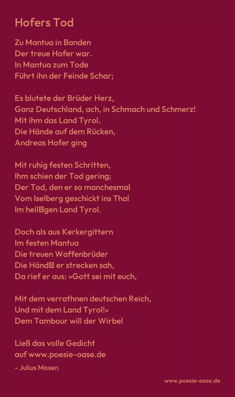 Gedicht: Hofers Tod von Julius Mosen