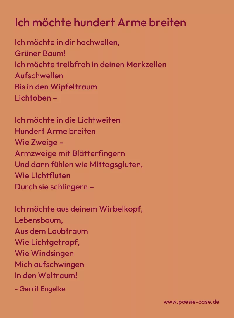 Gedicht: Ich möchte hundert Arme breiten von Gerrit Engelke