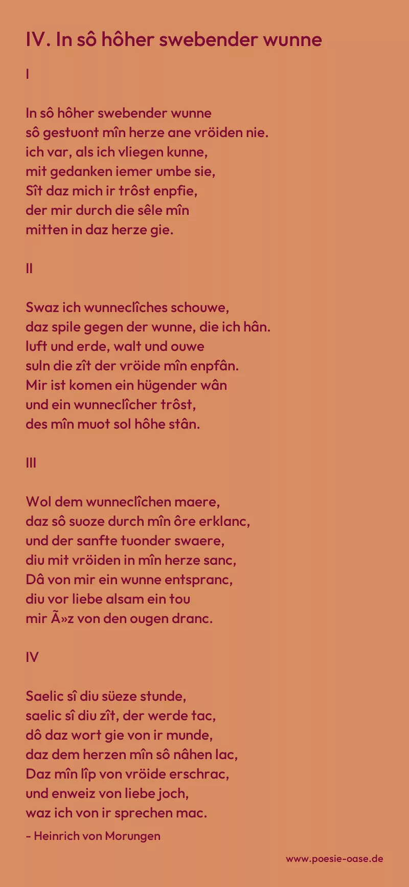 Gedicht: IV. In sô hôher swebender wunne von Heinrich von Morungen