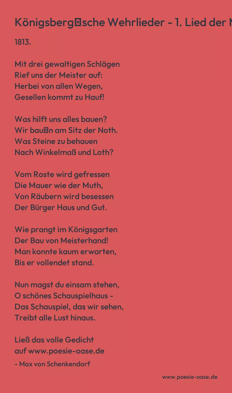 Gedicht: Königsberg′sche Wehrlieder - 1. Lied der Maurer von Max von Schenkendorf