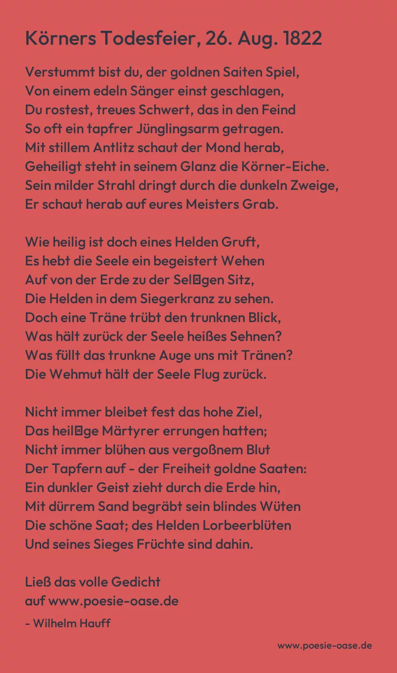 Gedicht: Körners Todesfeier, 26. Aug. 1822 von Wilhelm Hauff
