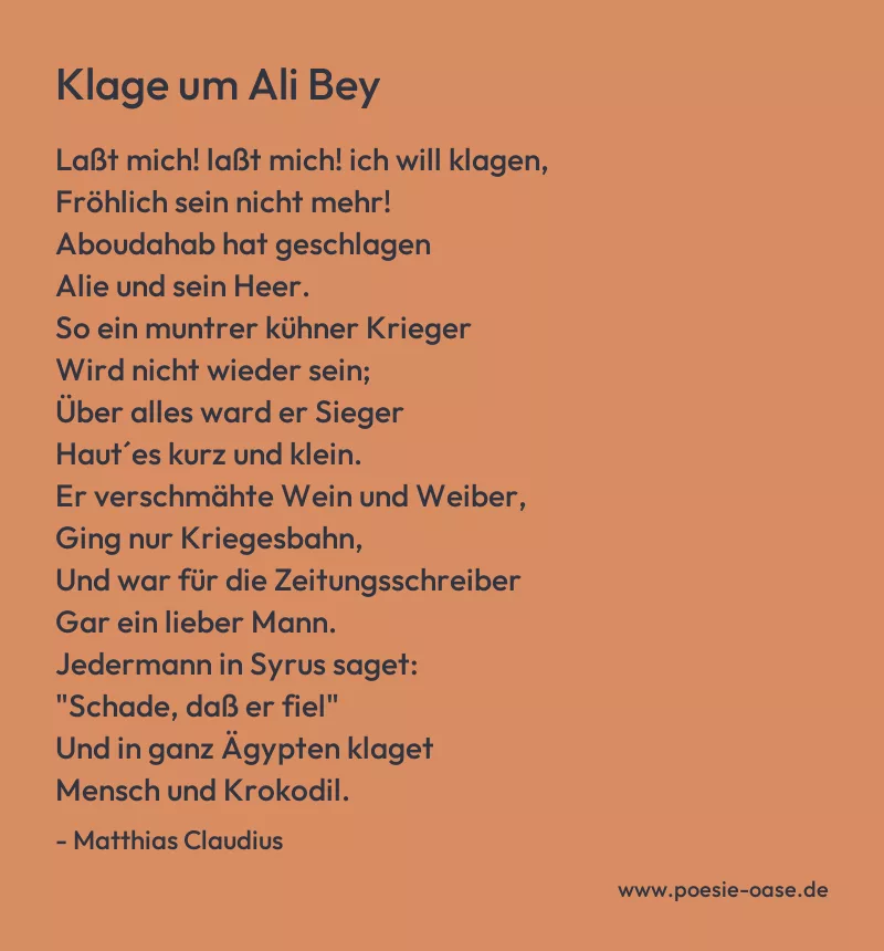 Gedicht: Klage um Ali Bey von Matthias Claudius