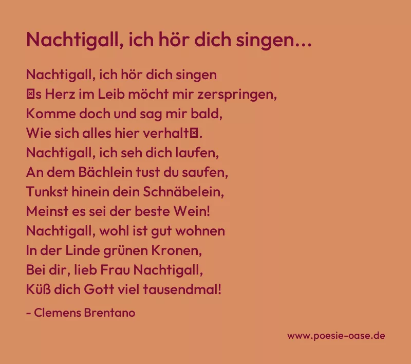 Gedicht: Nachtigall, ich hör dich singen... von Clemens Brentano