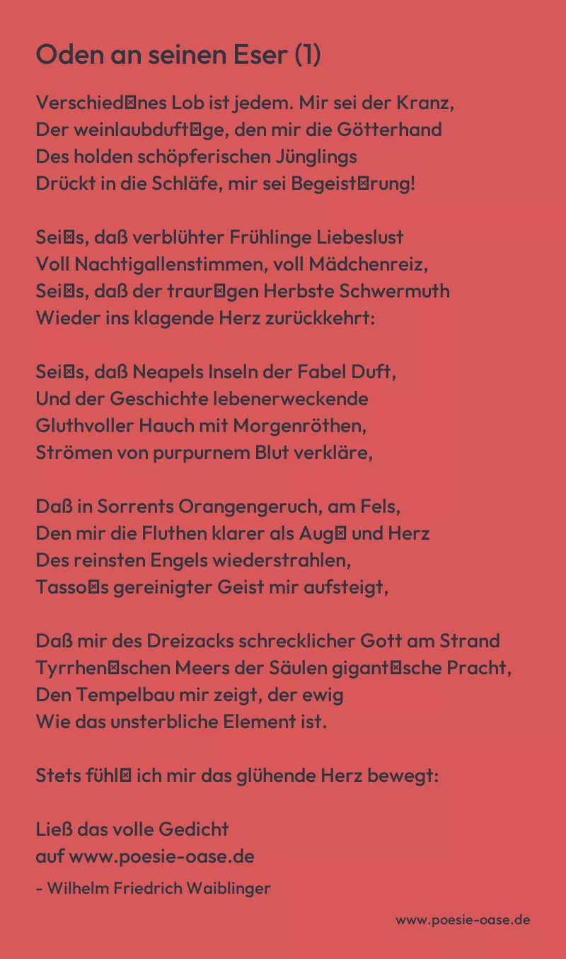 Gedicht: Oden an seinen Eser (1) von Wilhelm Friedrich Waiblinger