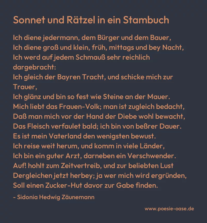 Gedicht: Sonnet und Rätzel in ein Stambuch von Sidonia Hedwig Zäunemann