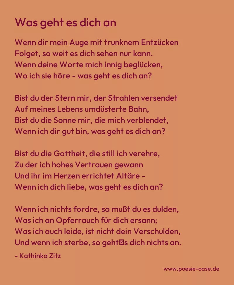 Gedicht: Was geht es dich an von Kathinka Zitz