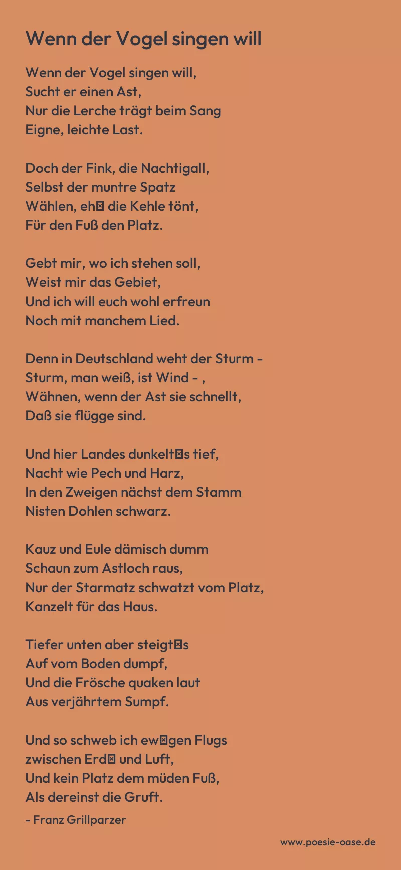 Gedicht: Wenn der Vogel singen will von Franz Grillparzer